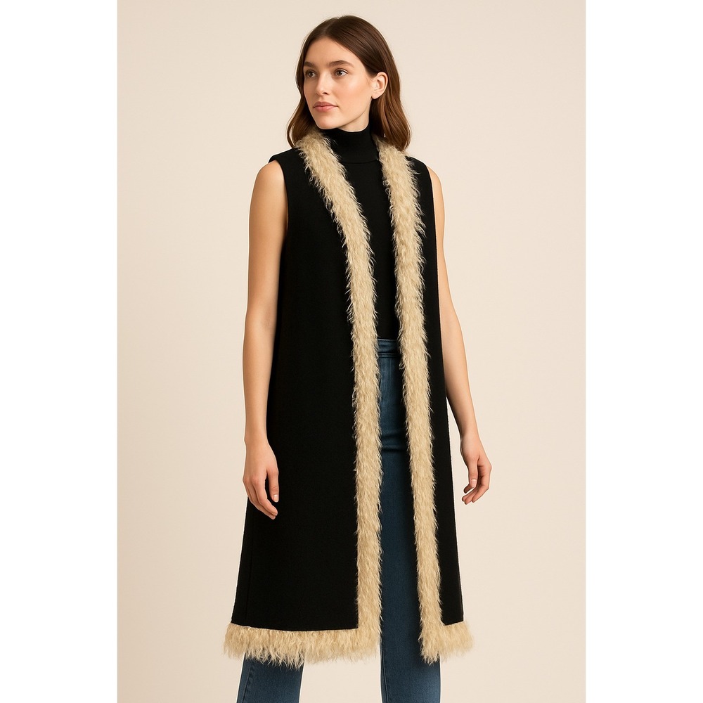 Fjall Women Black Wool Blend Vest M Cream Shaggy Faux Fur Trim USA 70s Style